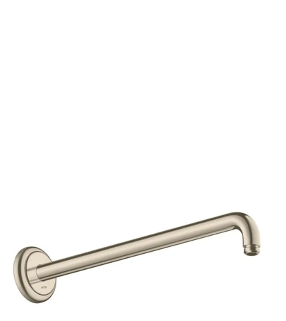 Brausearm in gebürstetem Nickel, oval geformt, an einer Wandhalterung befestigt. Produkt von AXOR, geeignet für Duschinstallationen.